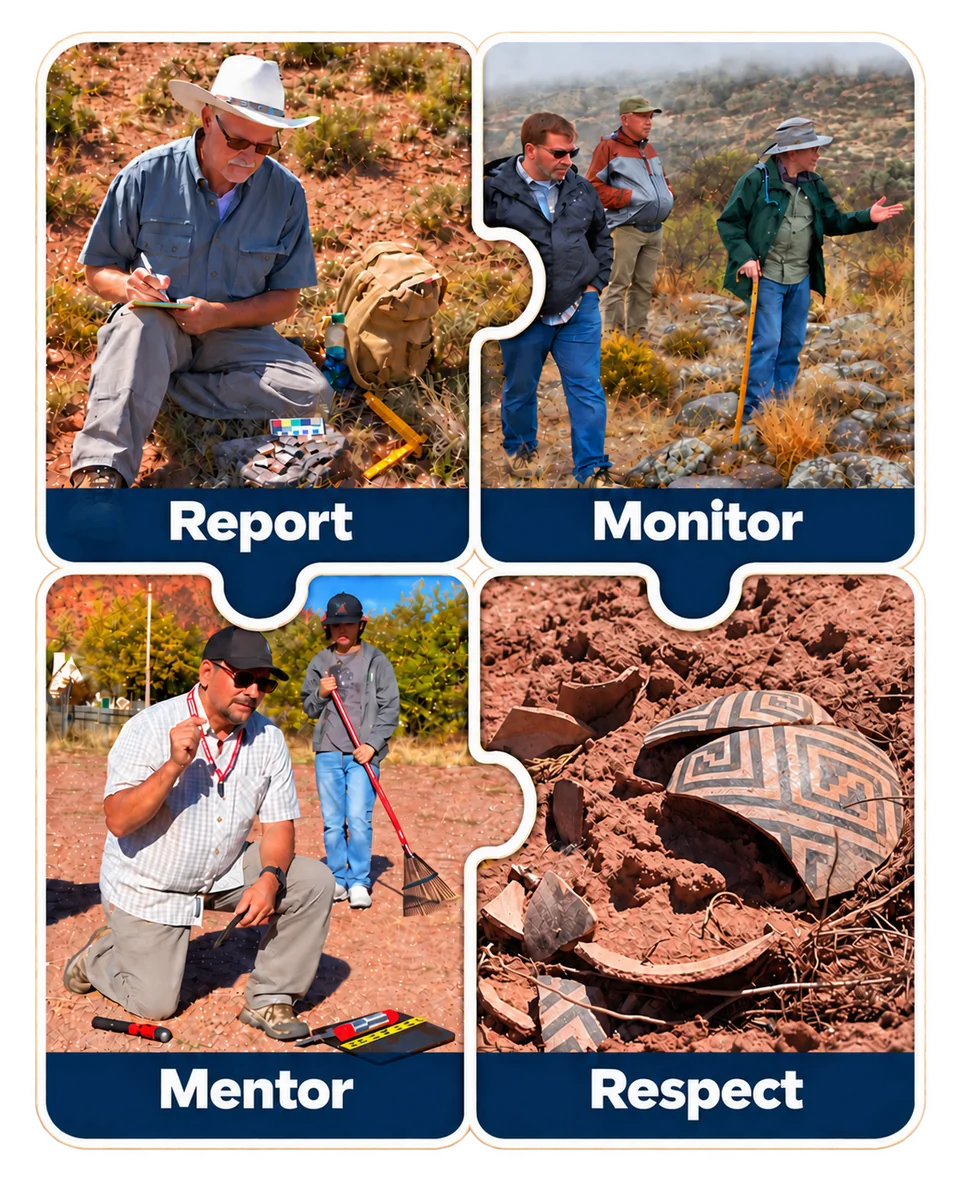 Four interlocking puzzle pieces: Report — a volunteer recording observations; Monitor — stewards surveying a site; Mentor — an instructor teaching a younger volunteer; Respect — Arizona petroglyphs.